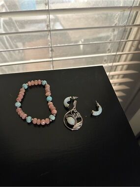 Sterling Silver Blue and Pink Beaded Bracelet with Blue Stone Pendant Earrings